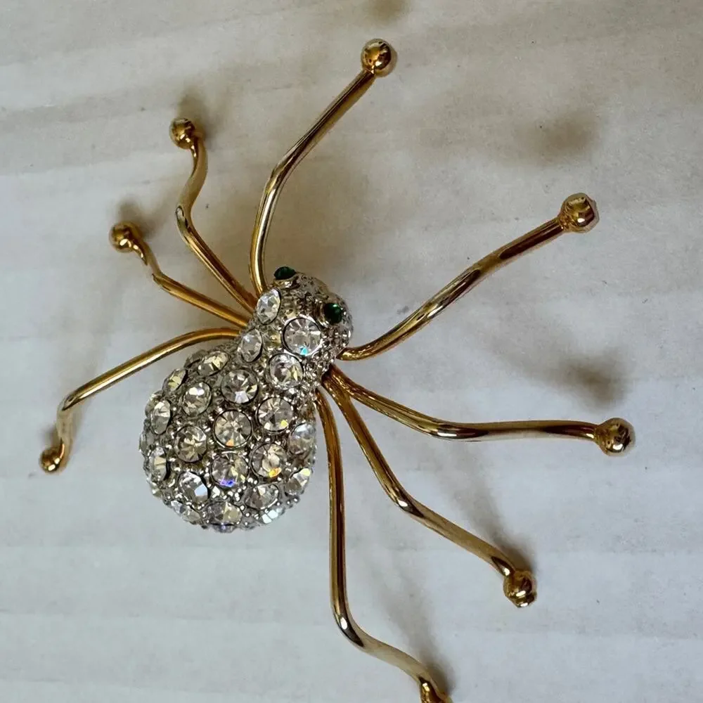 Vintage Gold Tone Rhinestone Spider Brooch Pin Womens Estate Jewelry_2